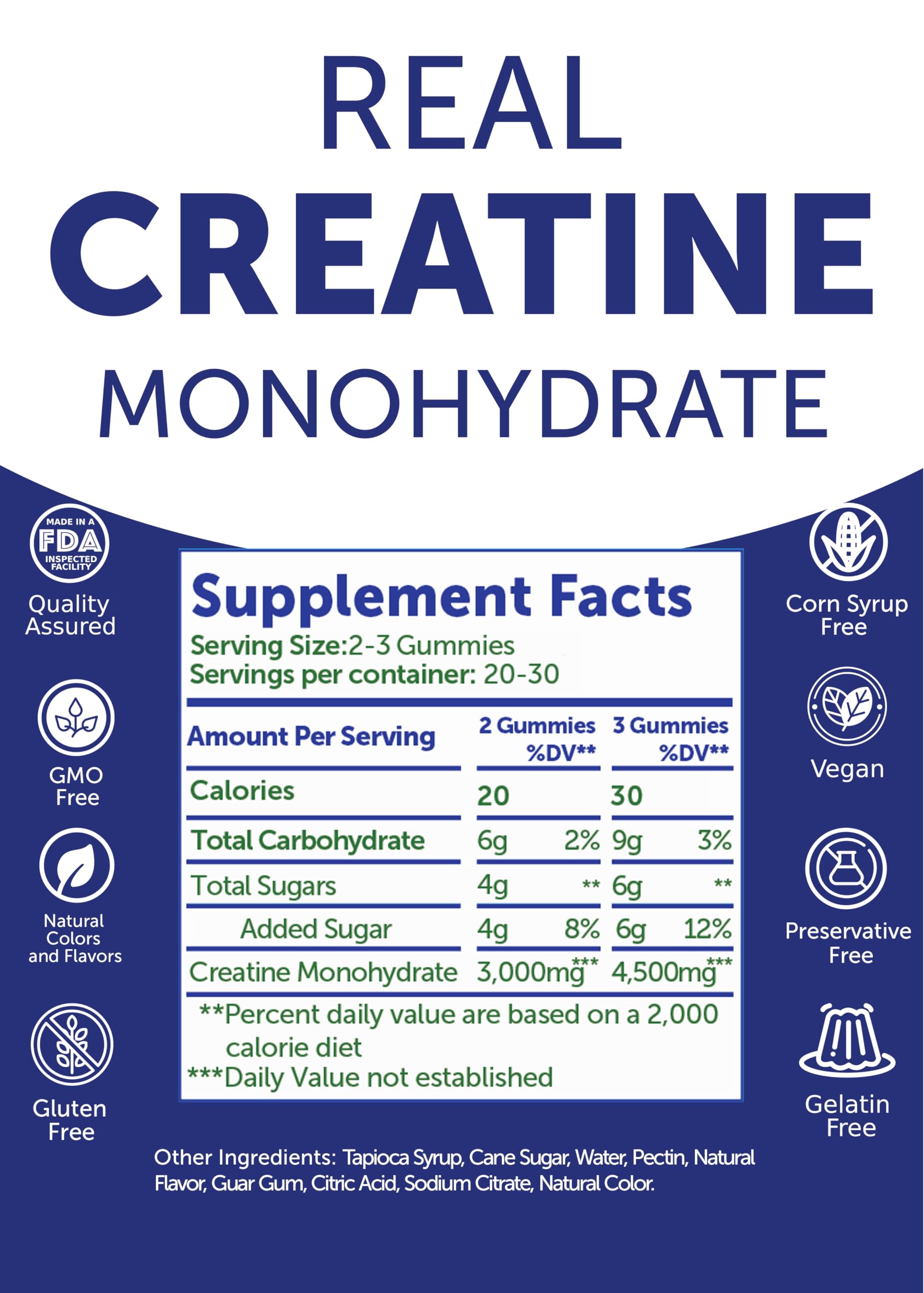 Lunakai creatine gummies dosage guide showing 2–3 gummies per day.