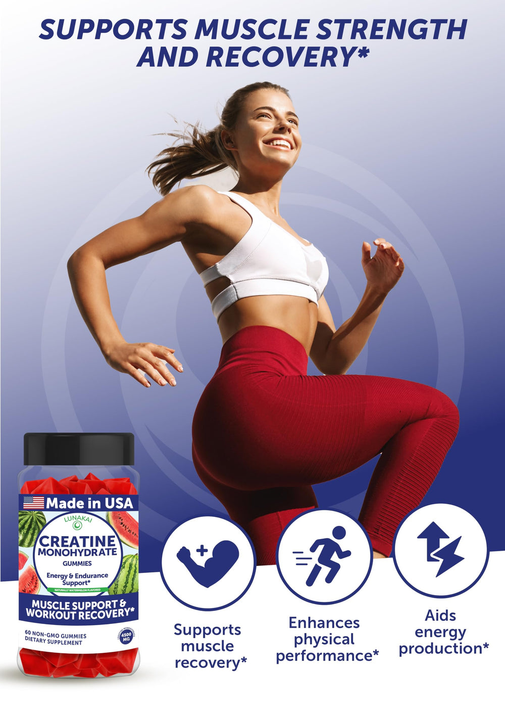 Lunakai creatine gummies USA-made label on packaging.