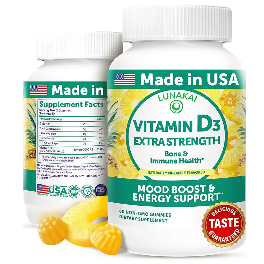 Lunakai Vitamin D3 Gummies bottle with pineapple flavor for daily immune support.