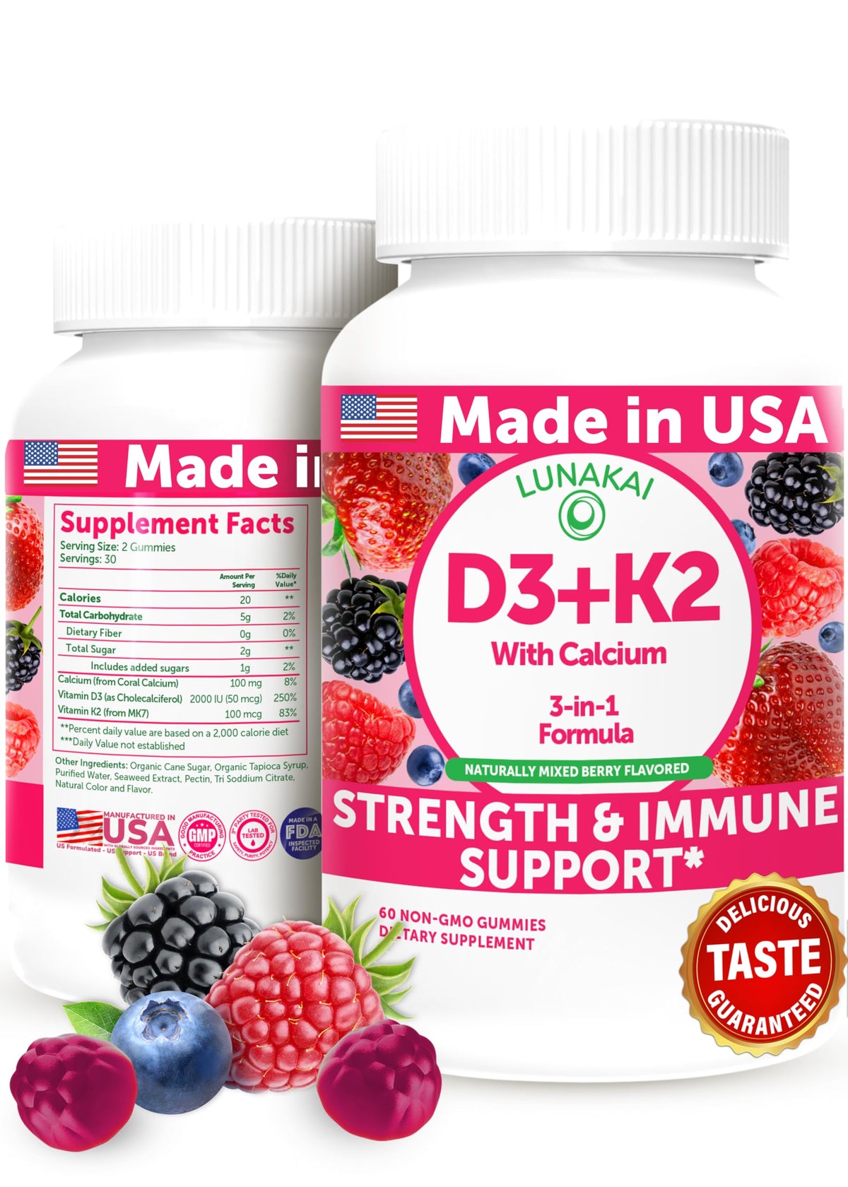Lunakai D3 K2 Calcium Gummies bottle on white background for daily wellness.