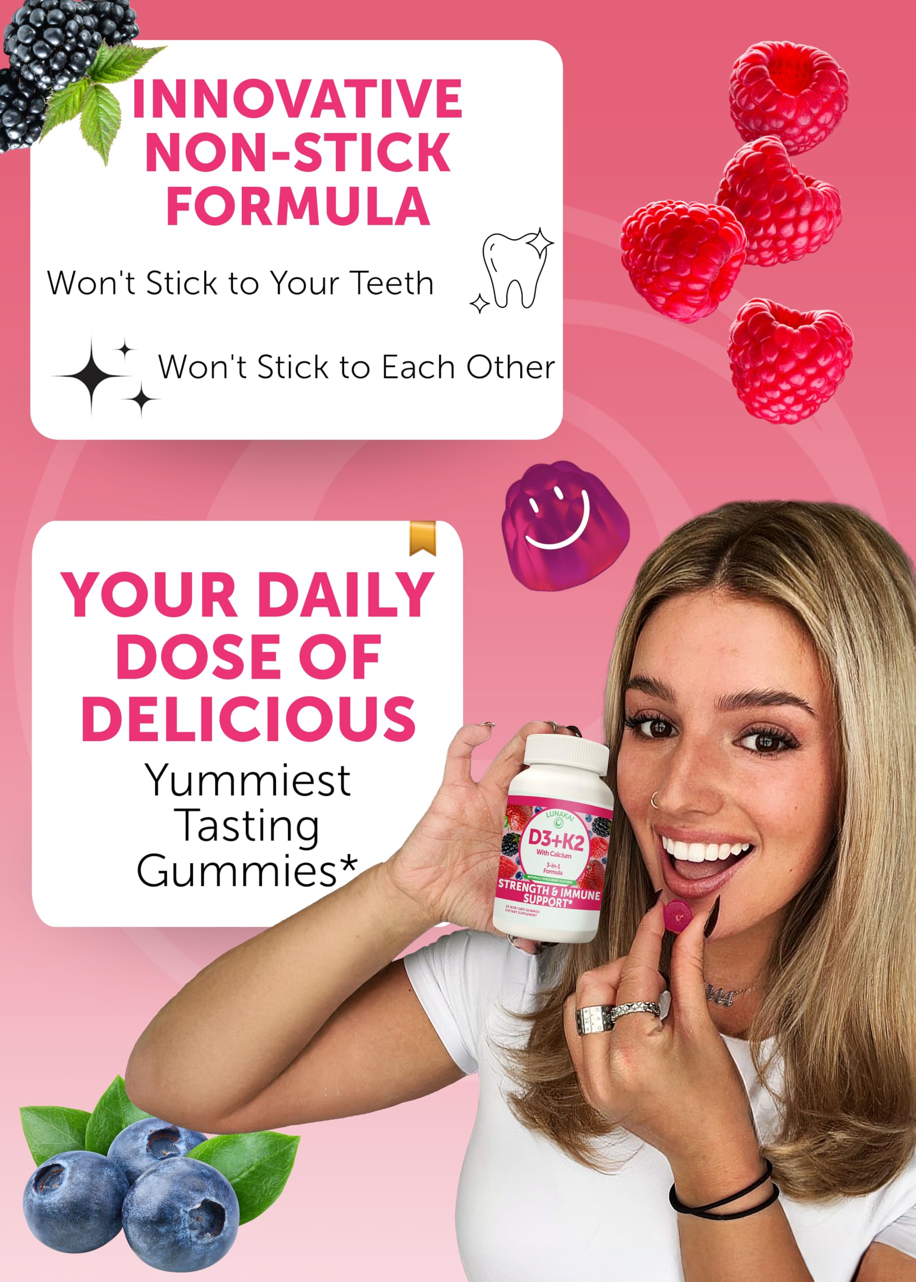 Lunakai mixed berry gummies close-up, a tasty daily supplement for bone and immunity.