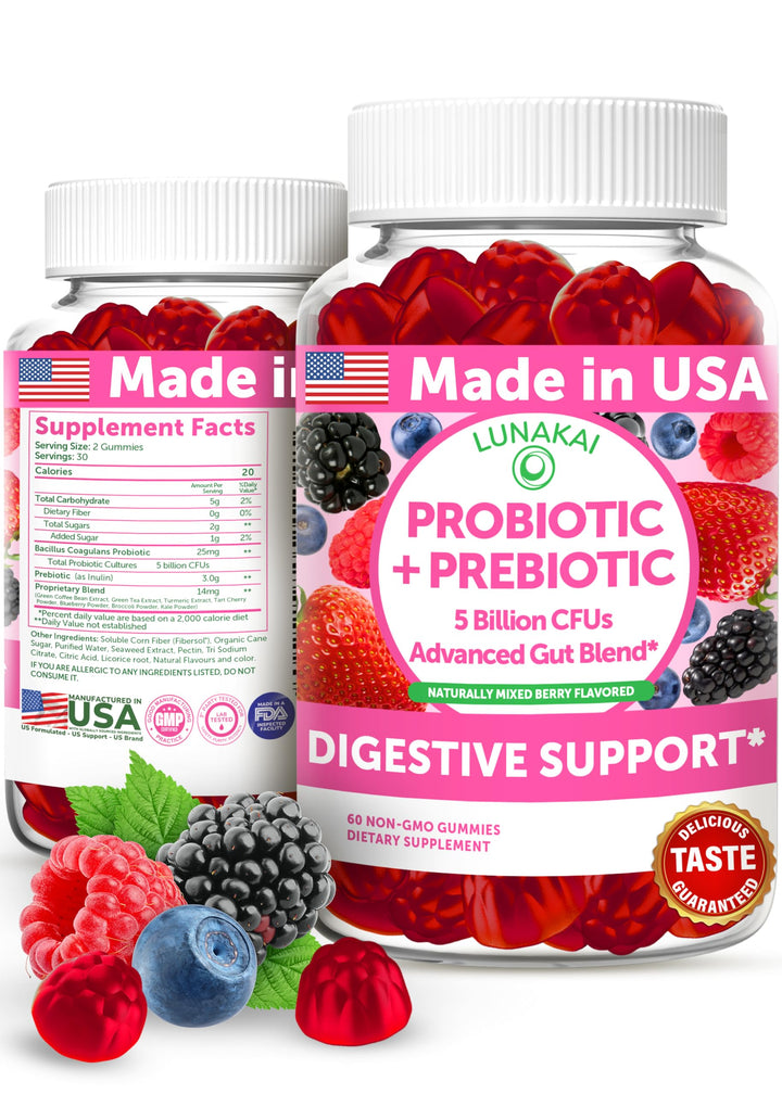 Lunakai gummies bottle with mixed berry flavor supporting daily gut balance.