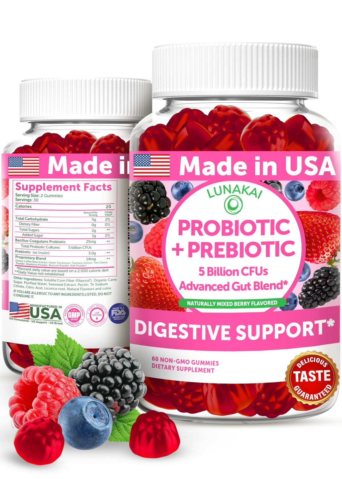 Lunakai gummies bottle with mixed berry flavor supporting daily gut balance.