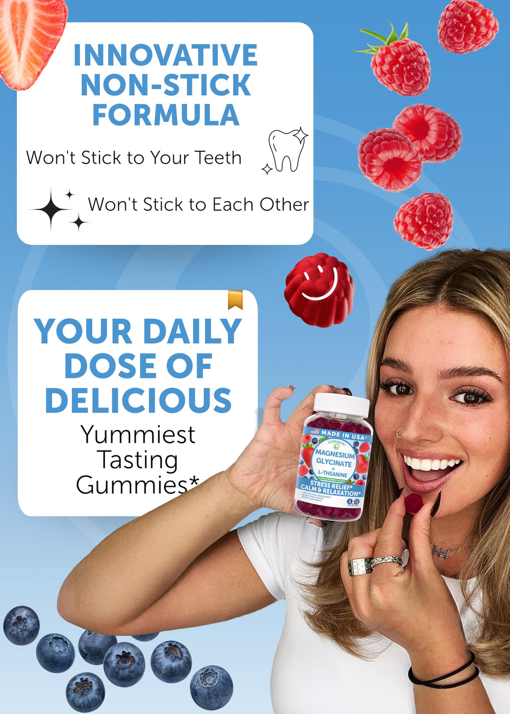 Lunakai gummies with L-theanine image emphasizes calm-focused supplement for evenings.
