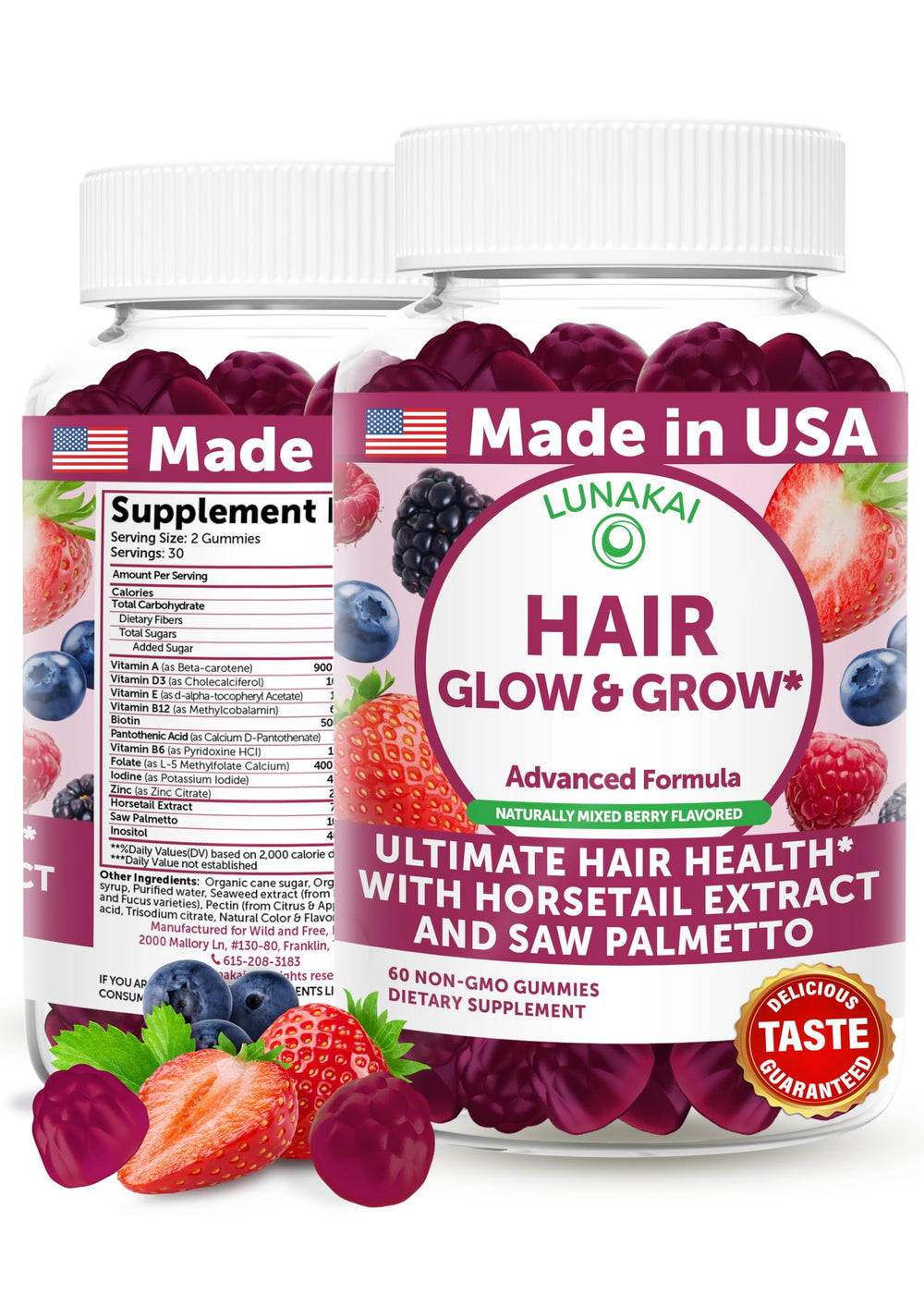 Lunakai hair gummies bottle front for easy daily use supporting hair, skin, and nails.