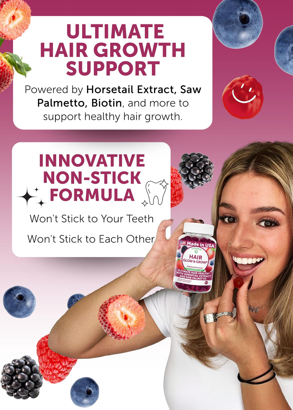 Lunakai hair gummies packaging box highlights USA-made quality and vegan formula.