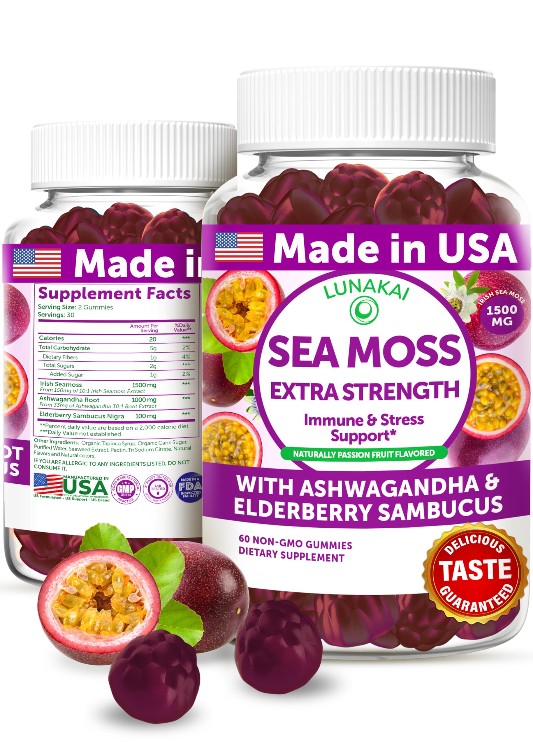 Lunakai Irish sea moss gummies bottle shown for daily immune support.