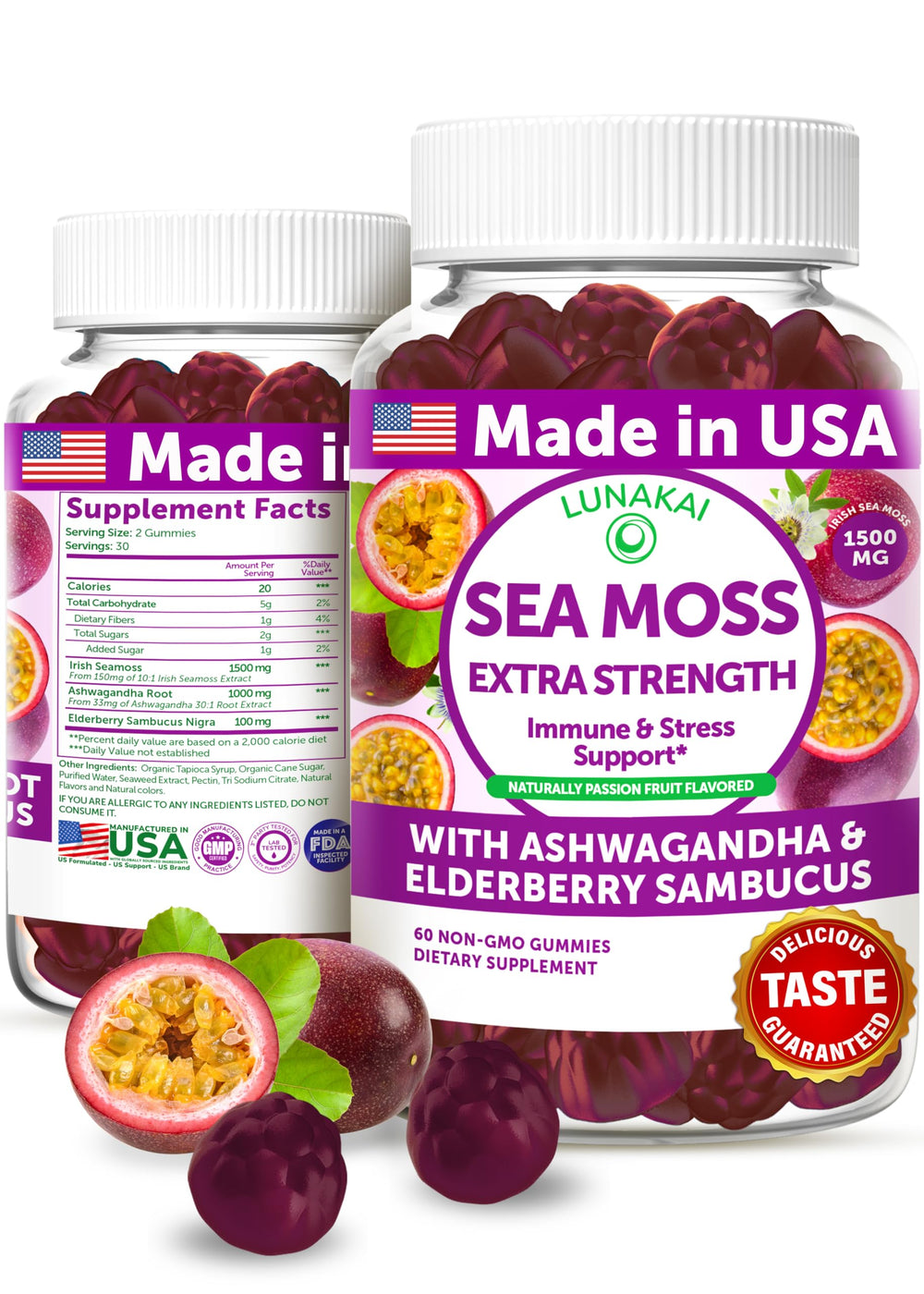Lunakai Irish sea moss gummies bottle shown for daily immune support.