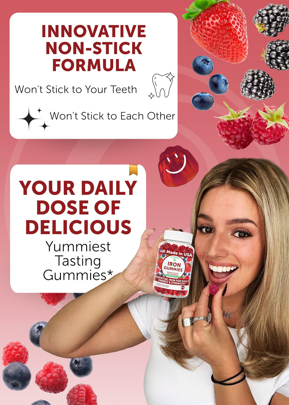 Lunakai iron gummy label notes Vitamin C for absorption support.