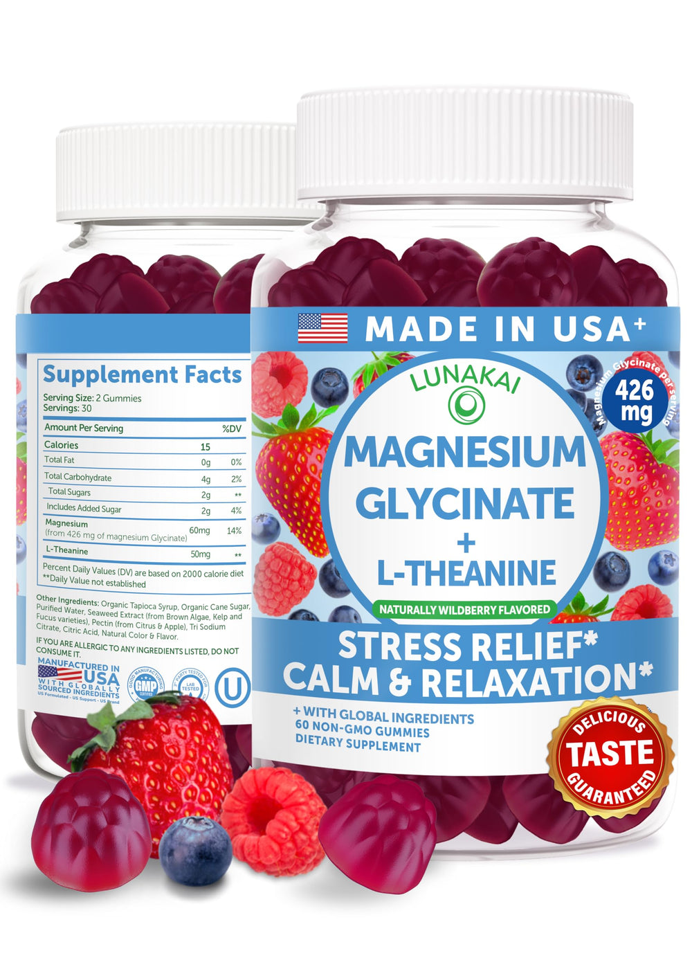 Lunakai magnesium glycinate gummies front bottle showing convenient, tasty daily support for adults and kids.