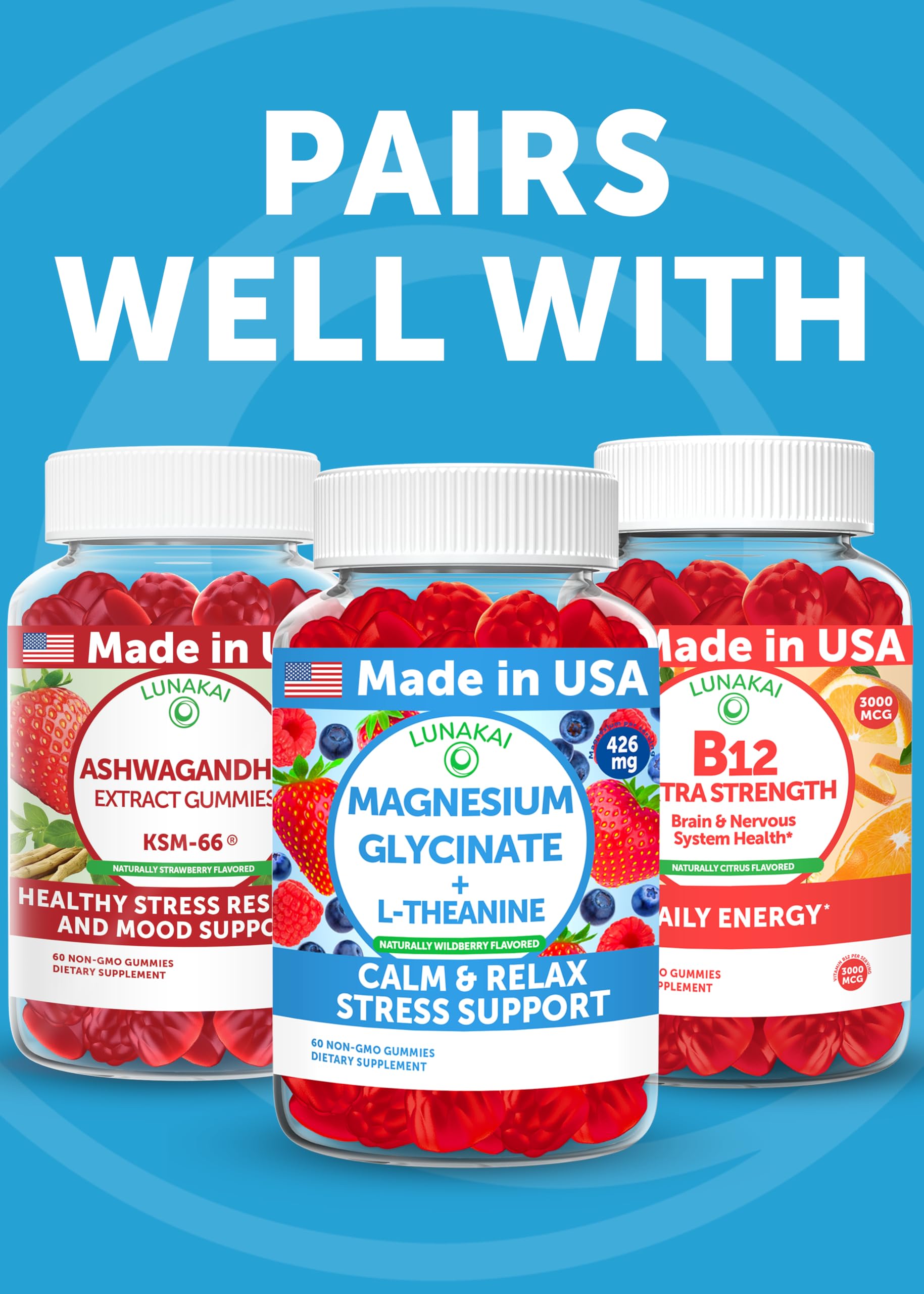 Lunakai non-drowsy stress support gummies with a glass of water.