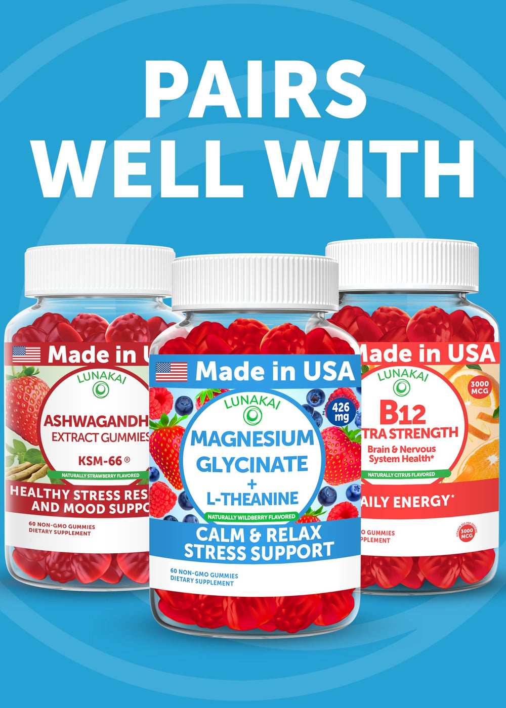 Lunakai non-drowsy stress support gummies with a glass of water.