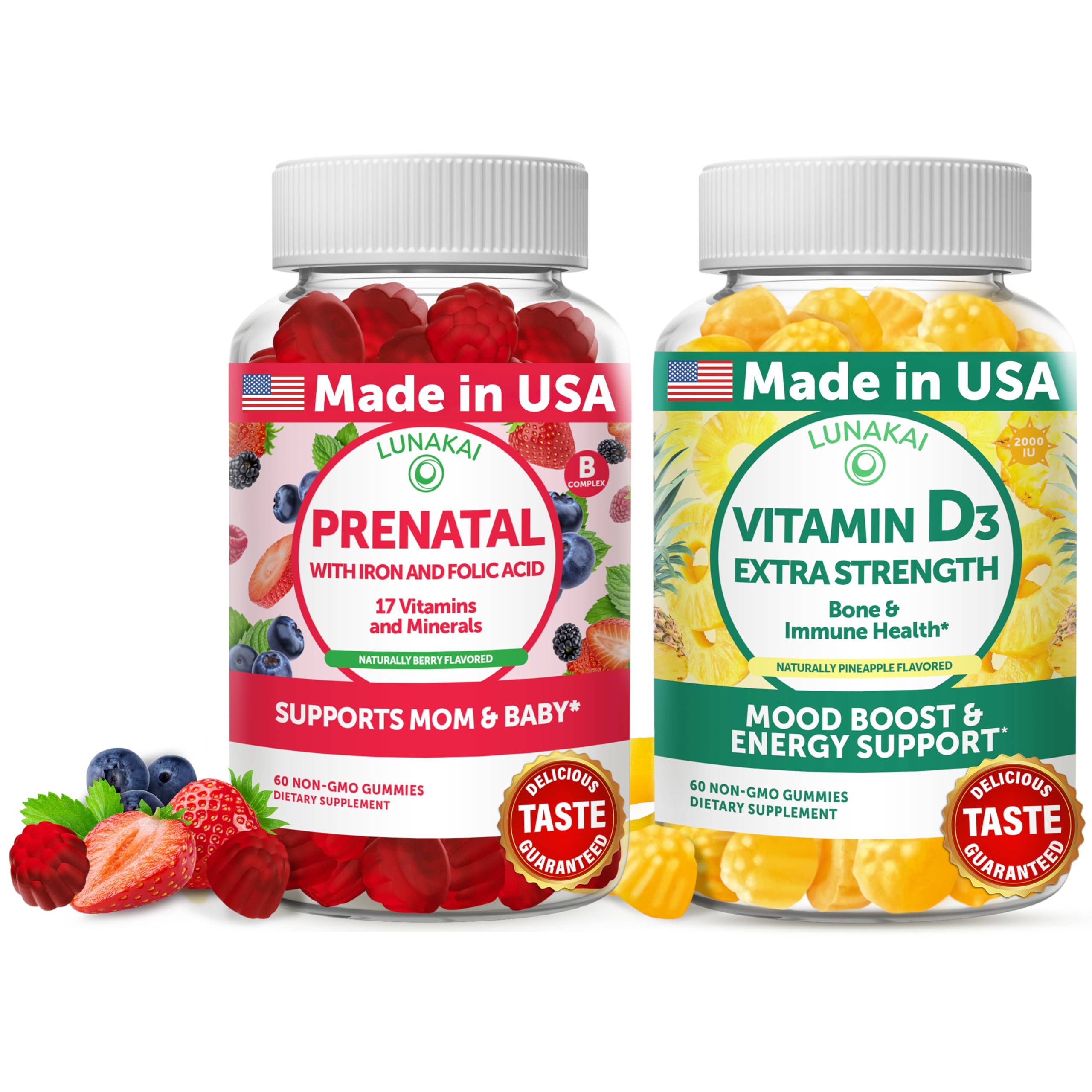 Lunakai Prenatal Gummies bottle close-up for convenient daily immune support