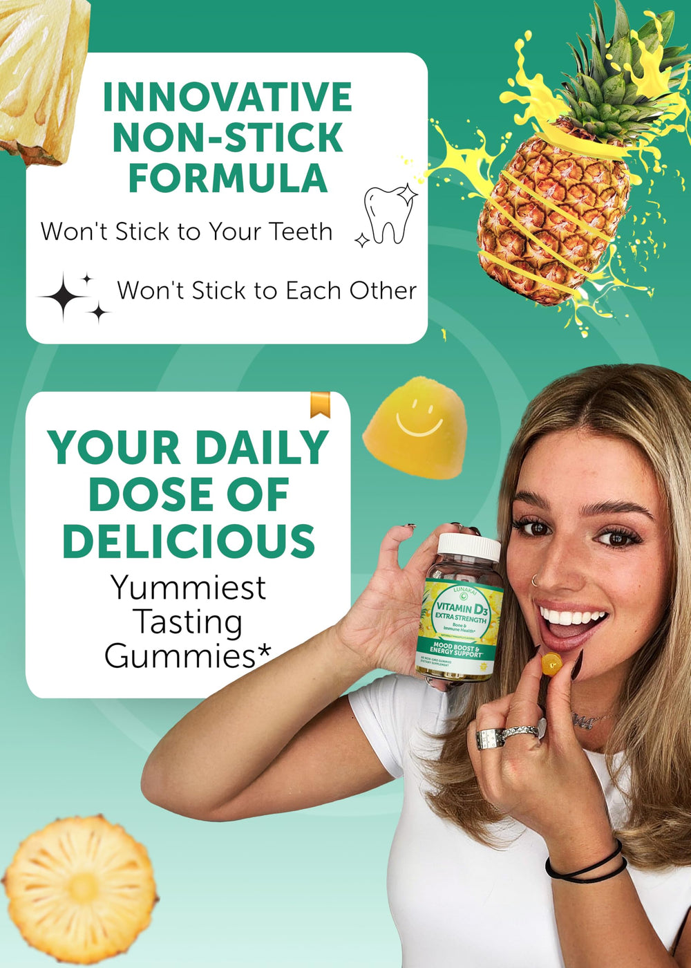 Lunakai Prenatal Gummies ingredients graphic with essential vitamins and minerals