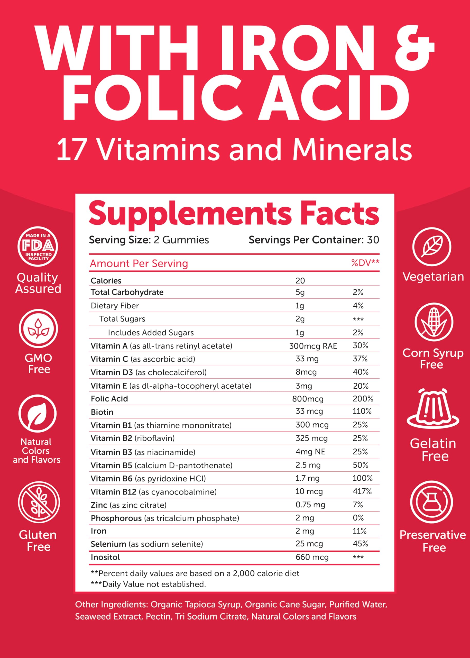 Lunakai Prenatal Gummies non-GMO, gelatin-free, vegan icons