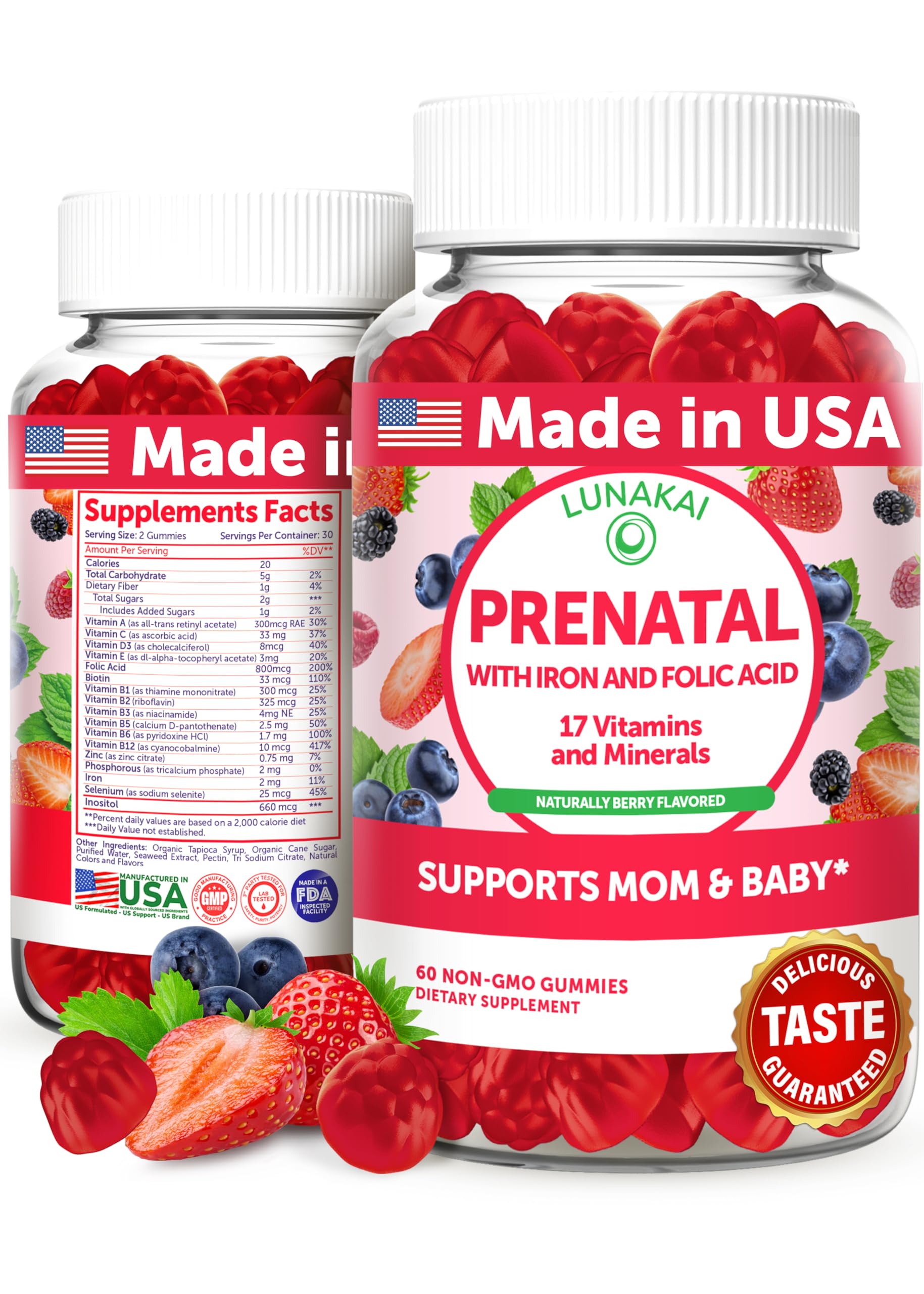Lunakai prenatal berry gummy bottle shown for daily use
