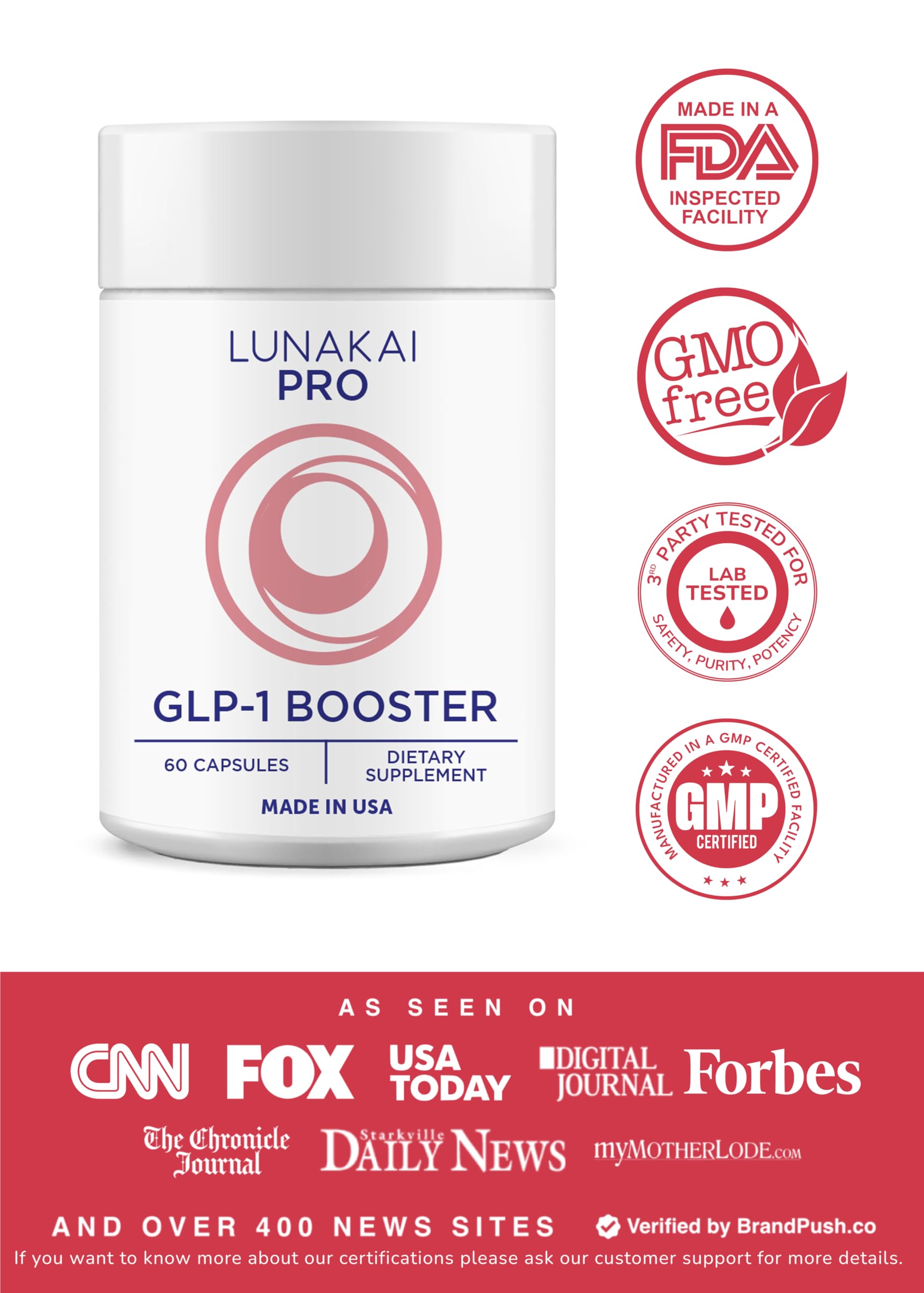 Lunakai Pro GLP-1 label close-up highlighting clean label and USA-made origin.