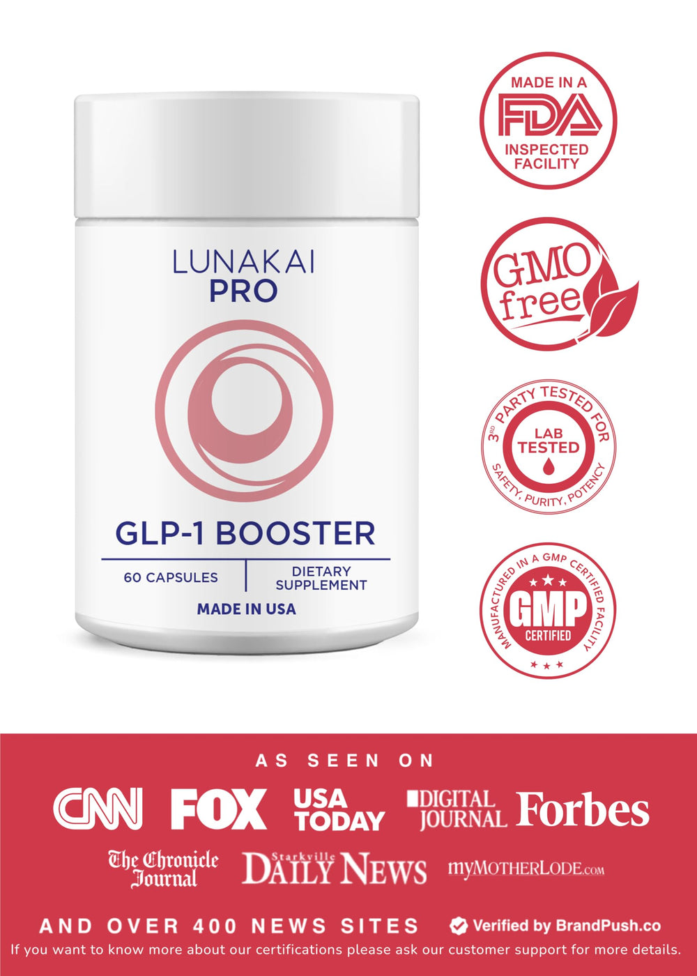 Lunakai Pro GLP-1 label close-up highlighting clean label and USA-made origin.
