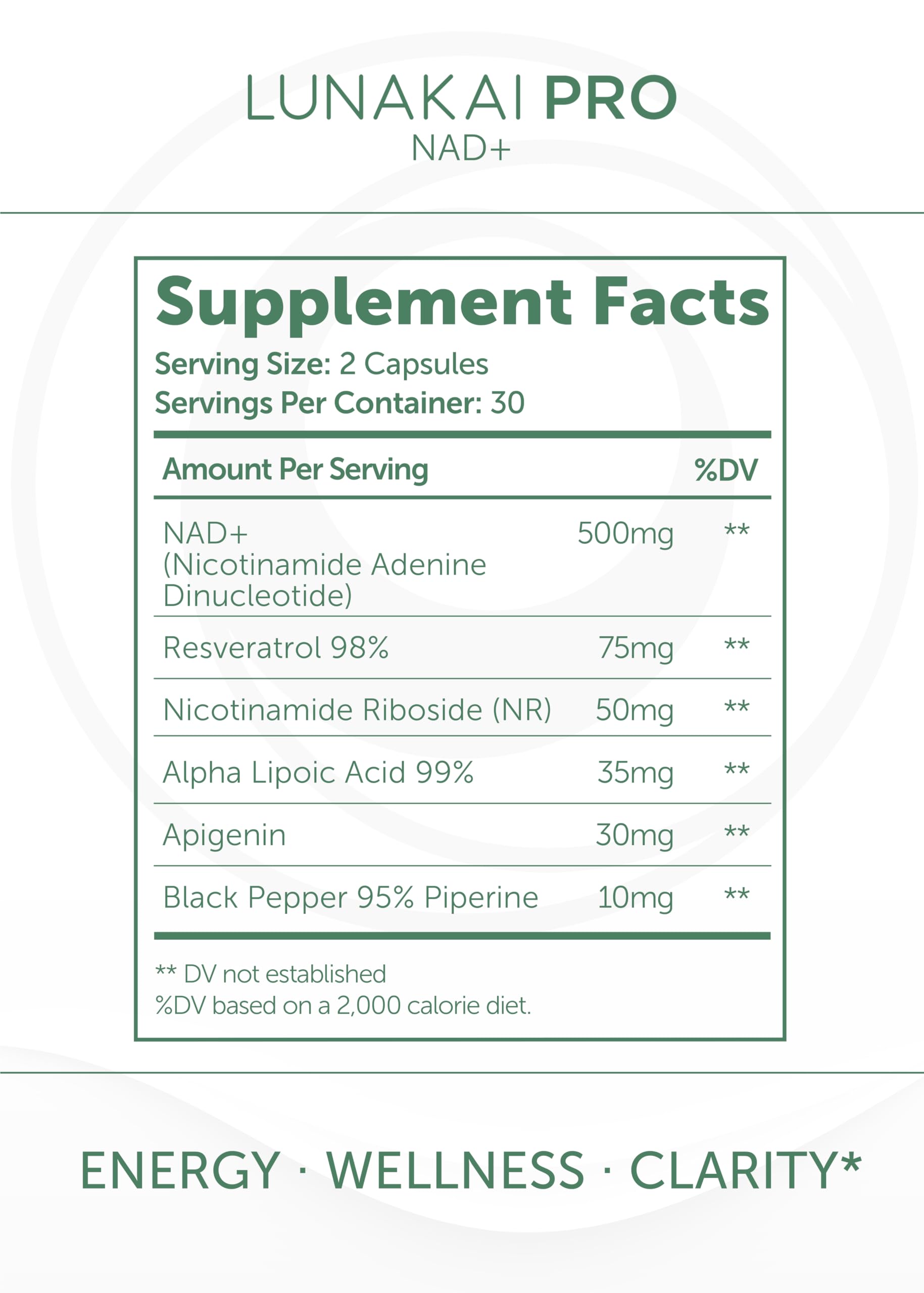 Lunakai PRO bottle back label shows ingredients supporting healthy cellular function.