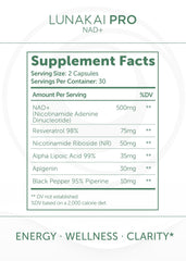 Lunakai PRO bottle back label shows ingredients supporting healthy cellular function.