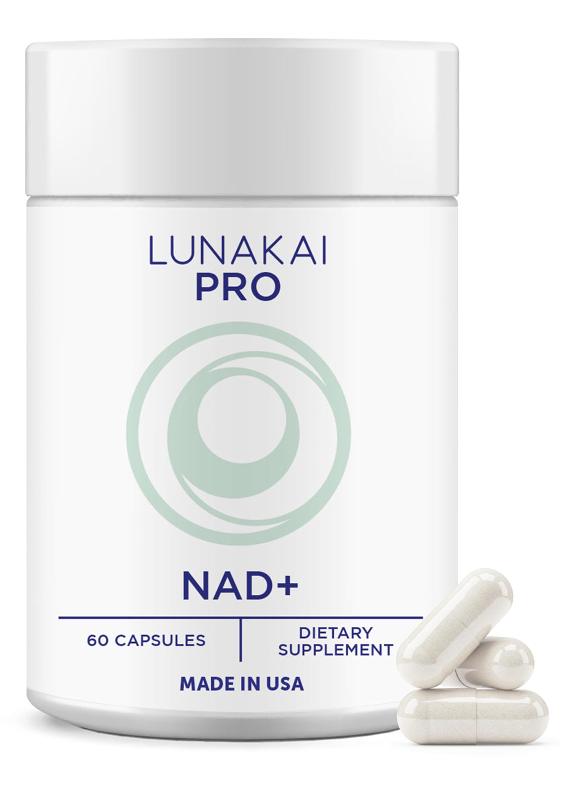 Lunakai PRO bottle front view highlighting convenient daily NAD+ energy support.