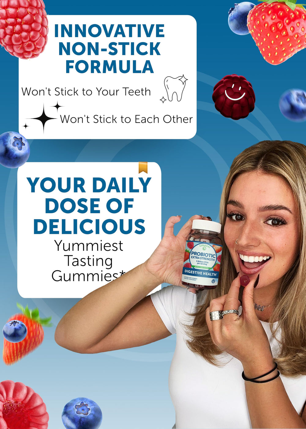 Lunakai probiotic gummies bottle close-up highlighting berry flavor and texture.