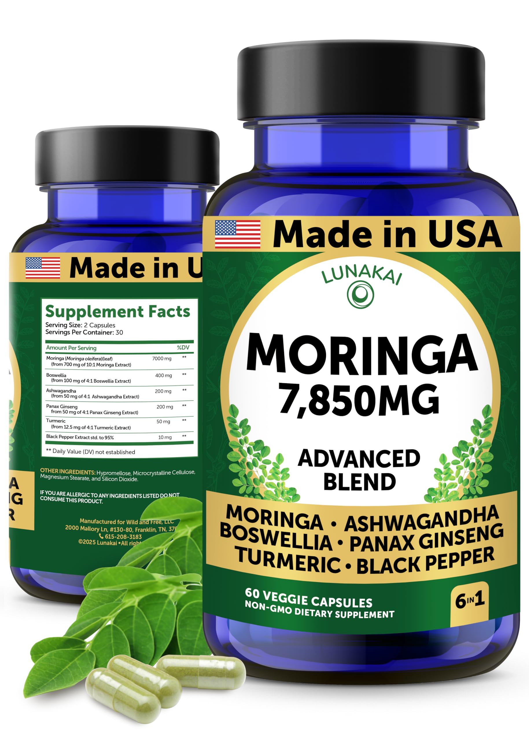 Lunakai pure moringa capsules bottle front for daily wellness support.