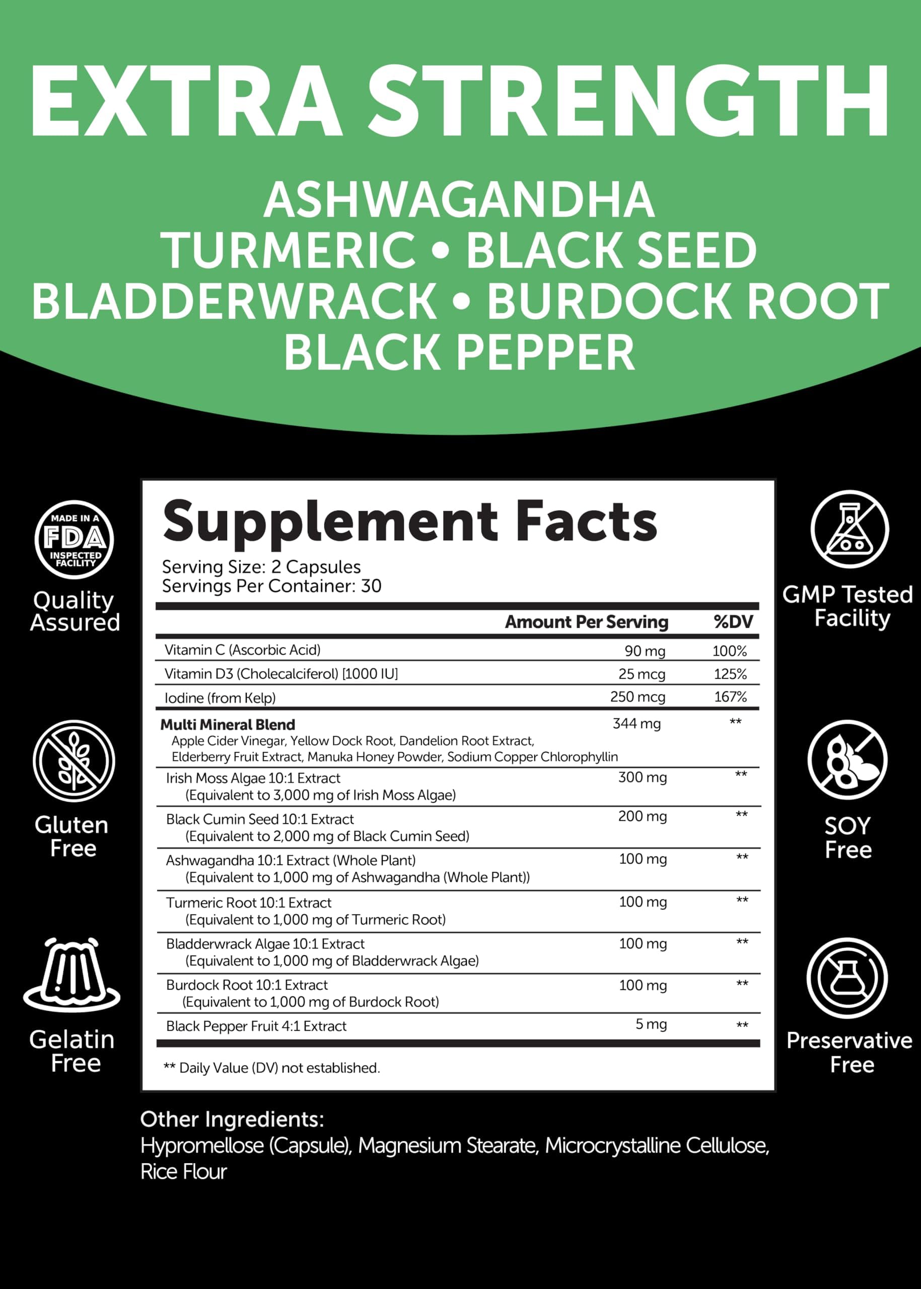 Bottle close-up highlights ashwagandha and black seed oil blend