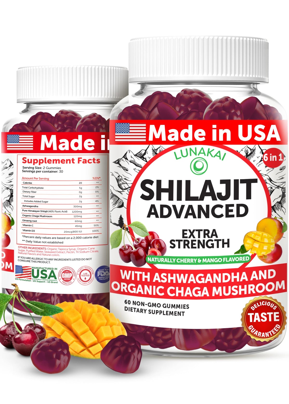 Lunakai Shilajit Gummies bottle front shows USA-made quality for daily energy.