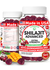 Lunakai Shilajit Gummies bottle front shows USA-made quality for daily energy.