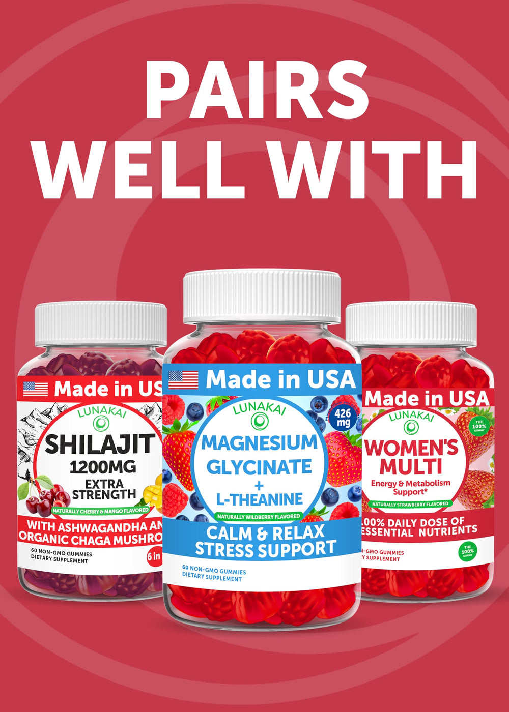 Lunakai bottle with strawberry gummies conveys natural flavor and daily routine appeal