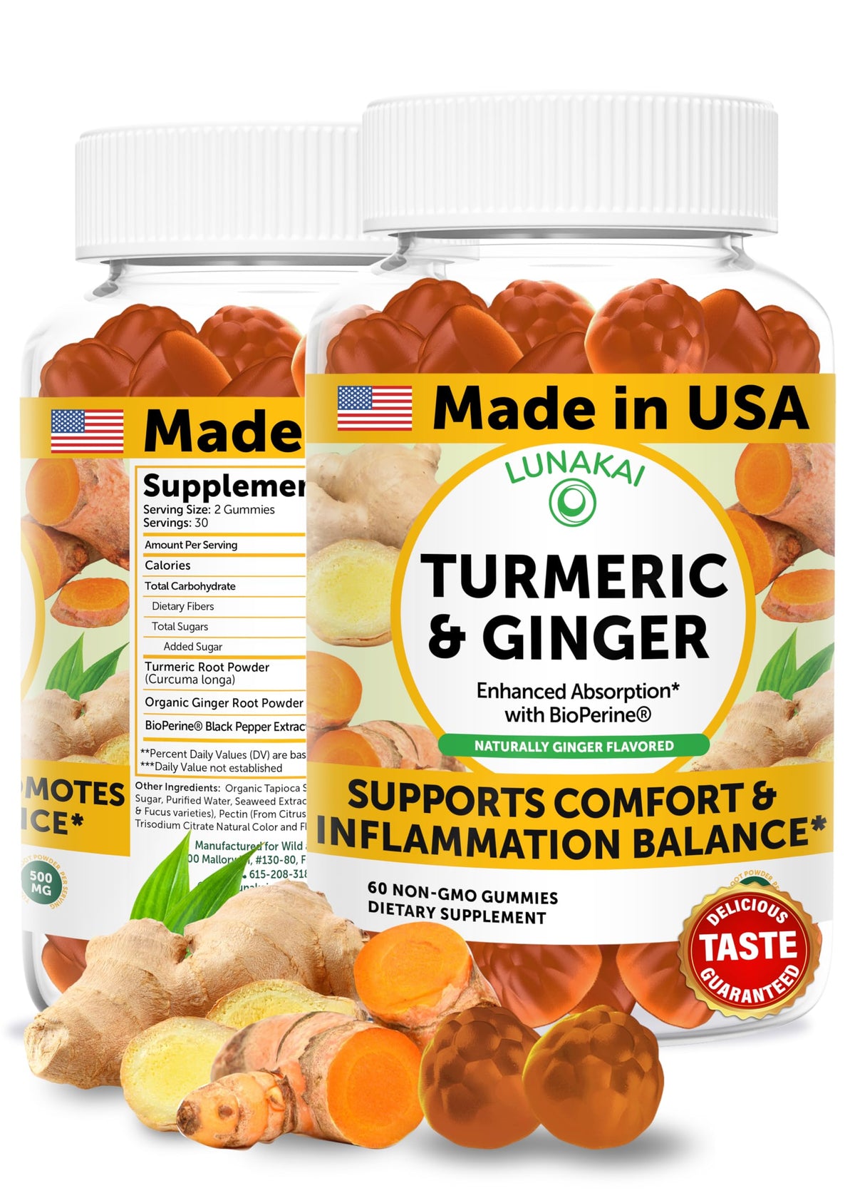 Lunakai turmeric gummies bottle front for easy daily chew and wellness