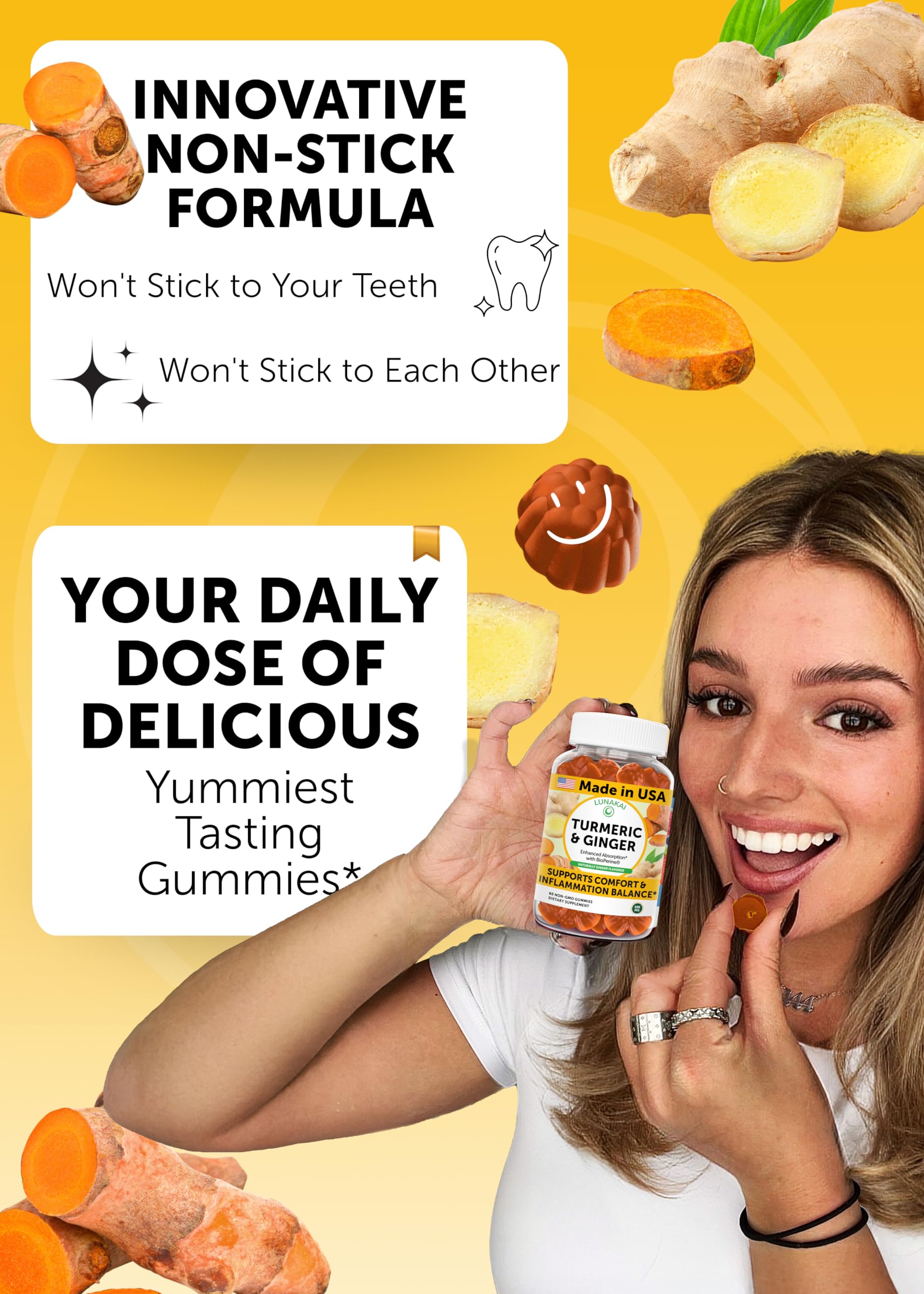 Lunakai turmeric gummies packaging highlights USA-made quality, 60 count