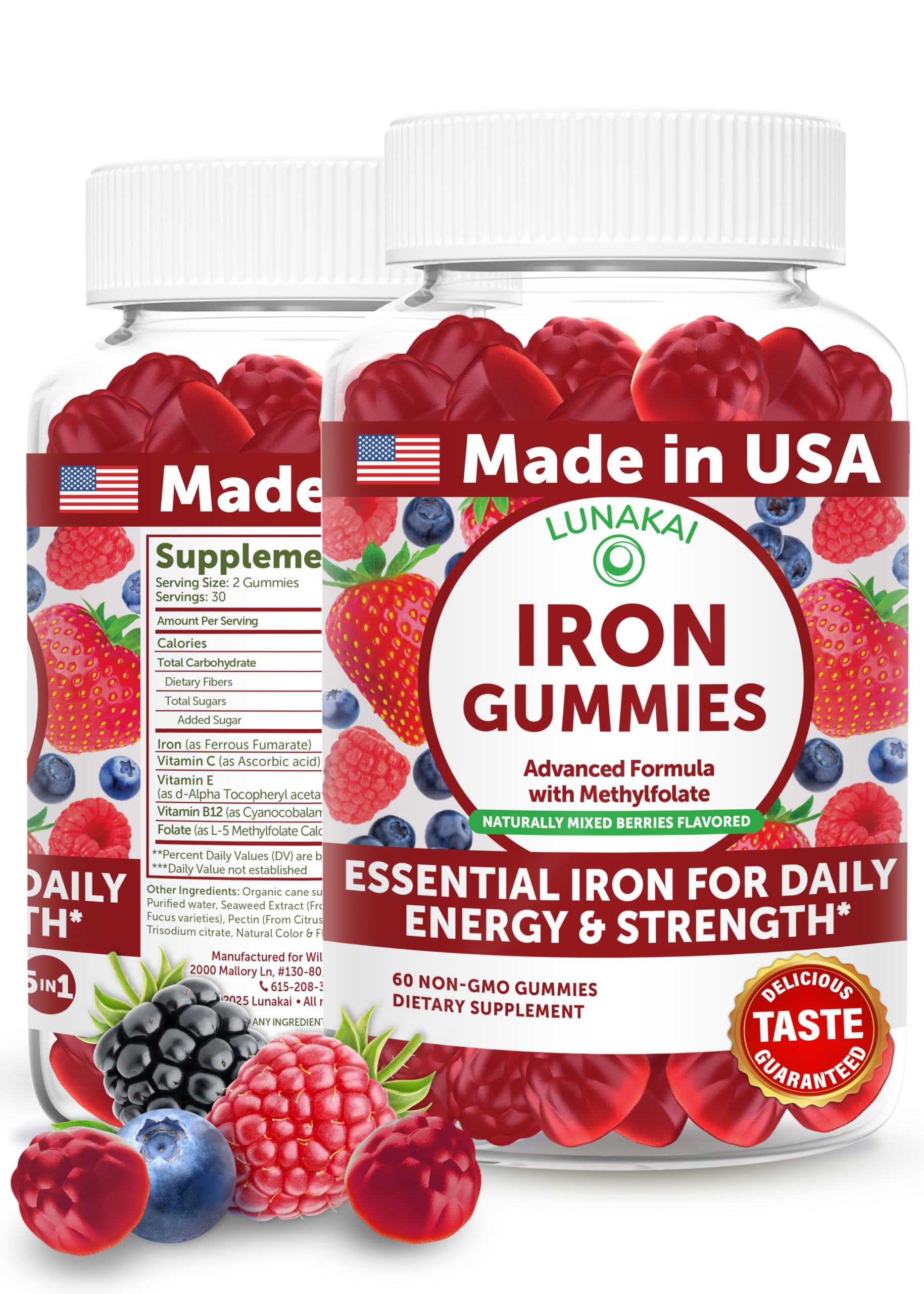 Lunakai vegan iron gummies bottle showing USA-made daily energy support.