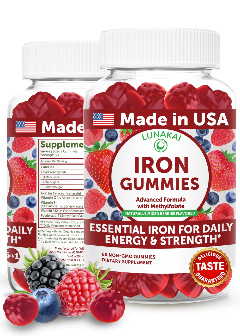 Lunakai vegan iron gummies bottle showing USA-made daily energy support.