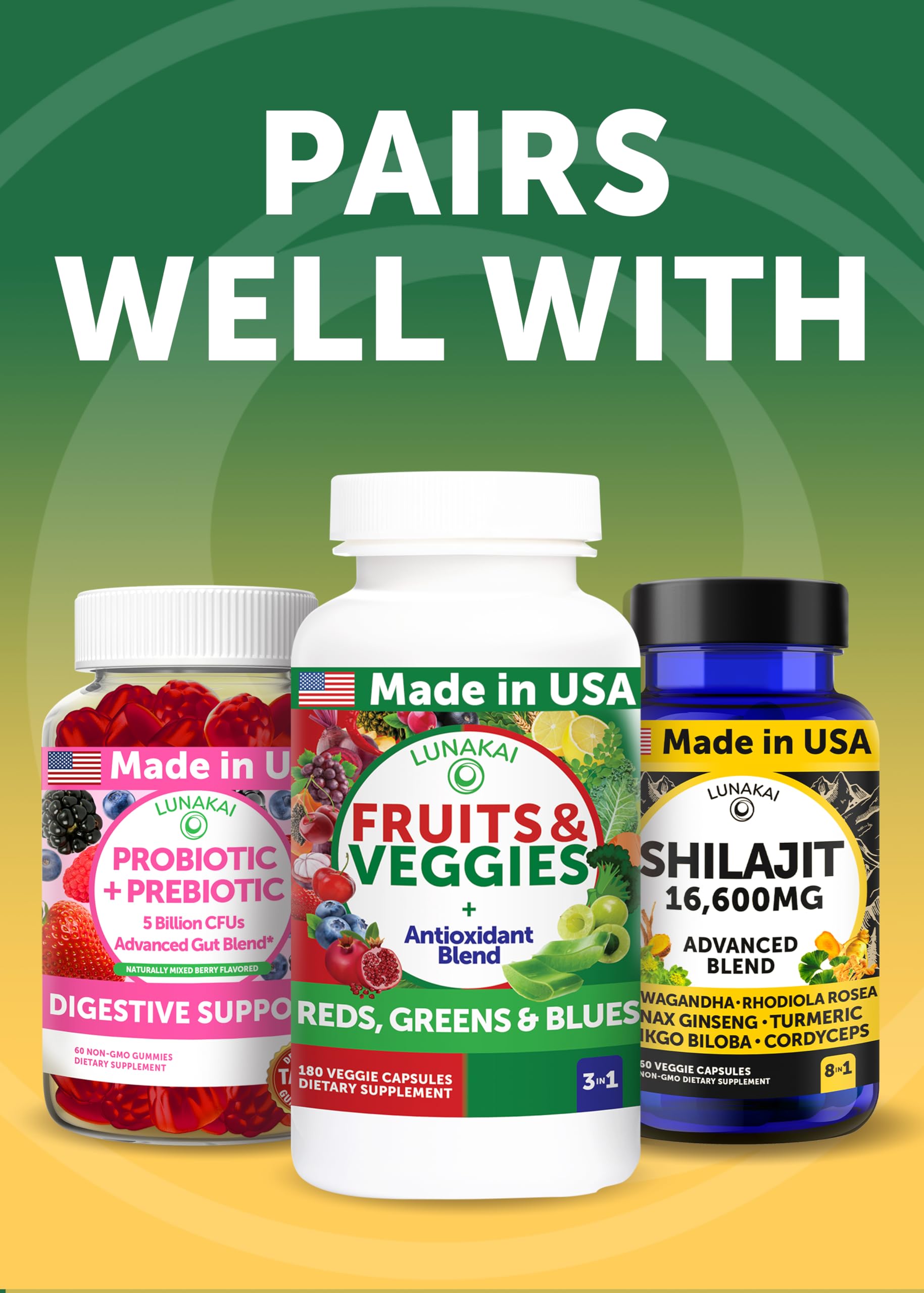Lunakai vegan non-GMO capsules in clear bottle.