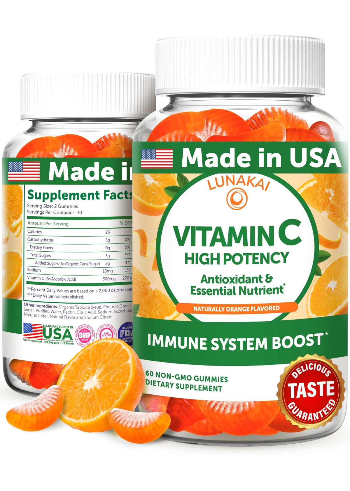 Lunakai Vitamin C gummies orange bottle, USA-made supports daily immune health