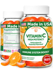 Lunakai Vitamin C gummies orange bottle, USA-made supports daily immune health