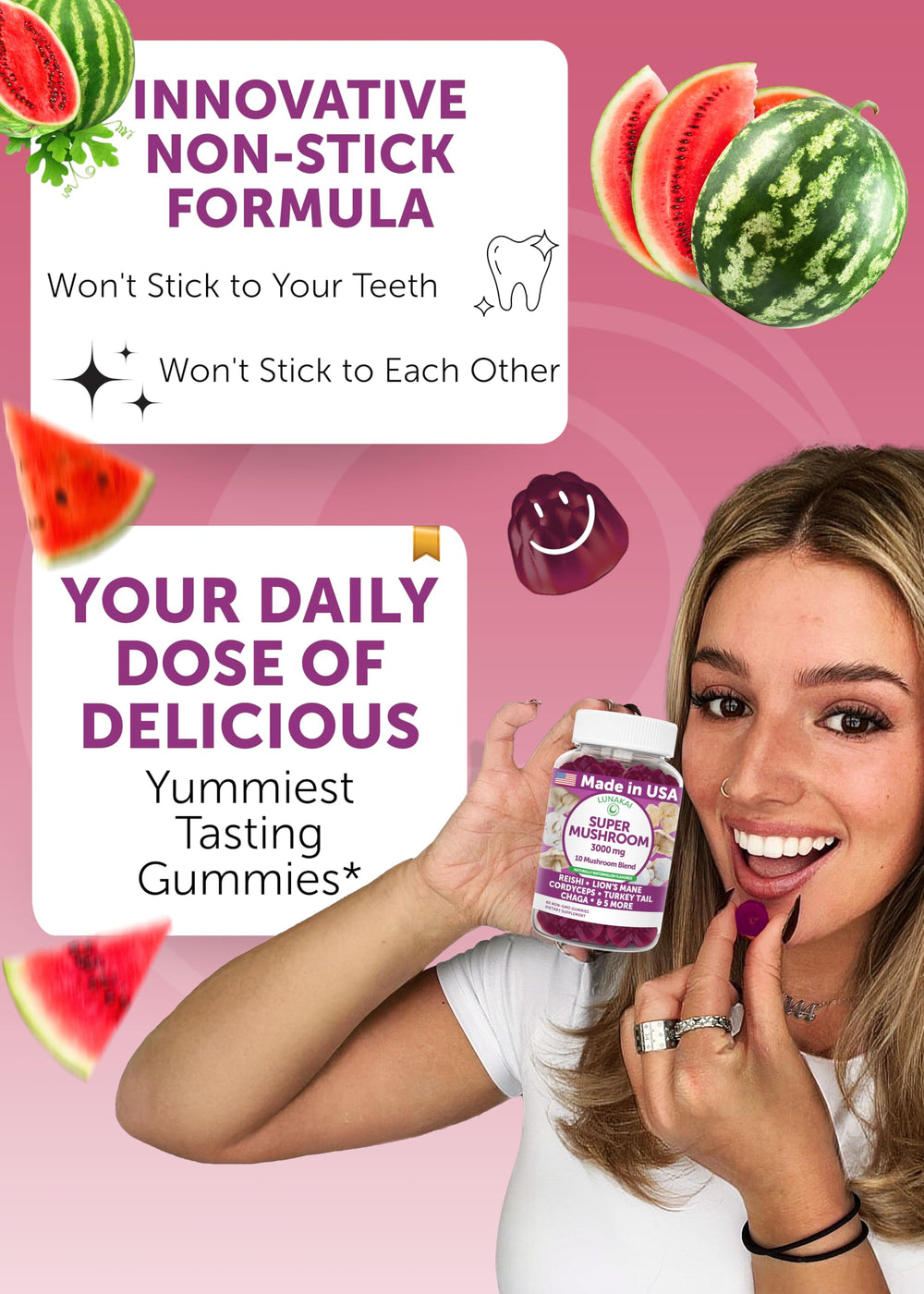 Lunakai watermelon-flavored gummies ready to enjoy during study breaks.