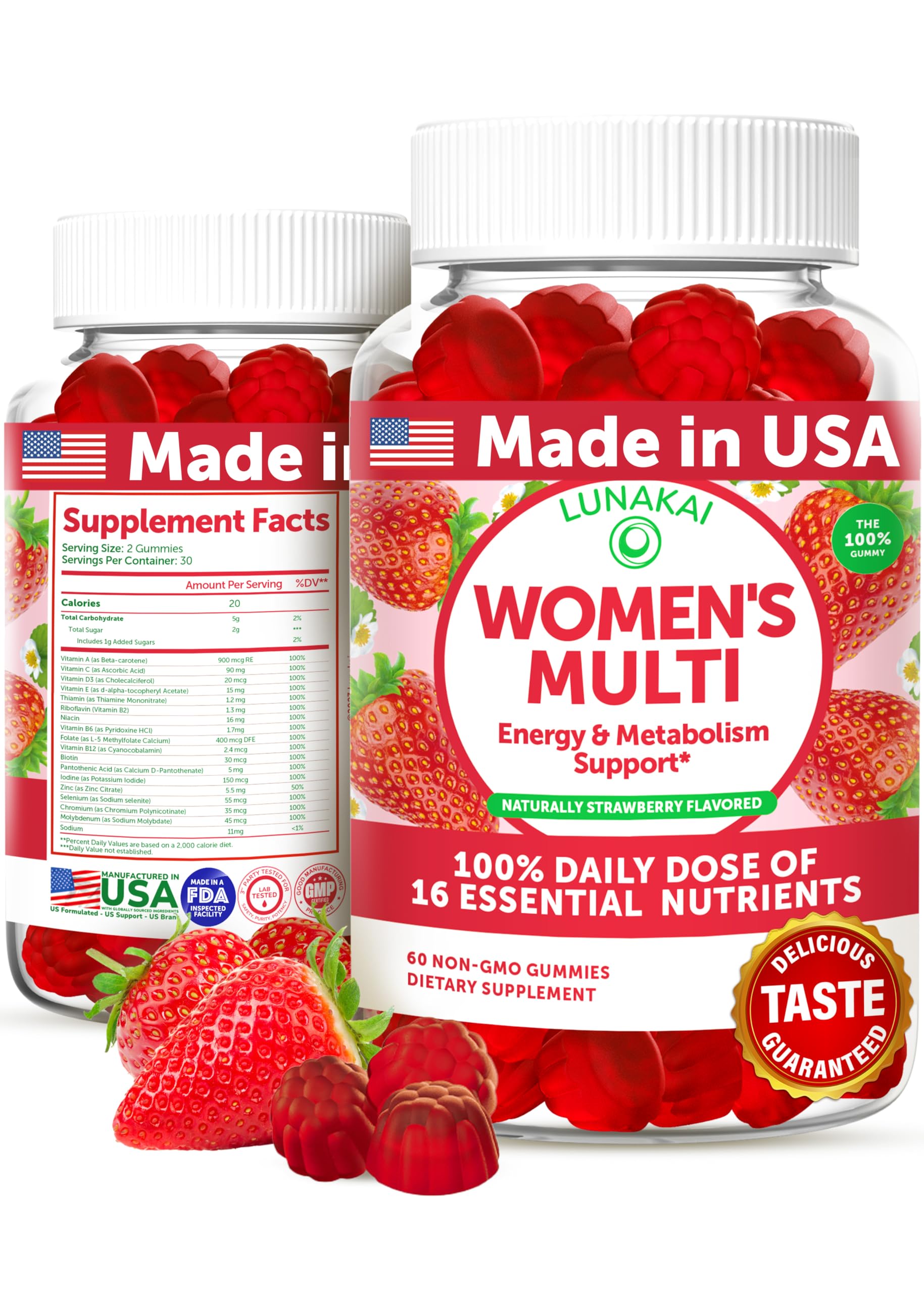 Lunakai bottle close-up showing strawberry gummies for daily wellness