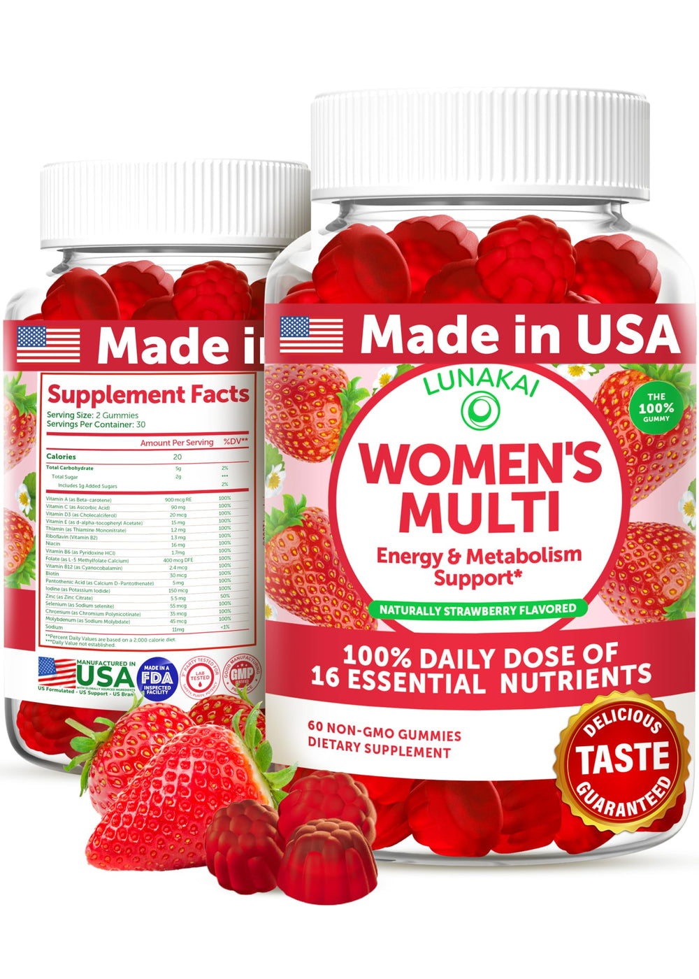Lunakai bottle close-up showing strawberry gummies for daily wellness