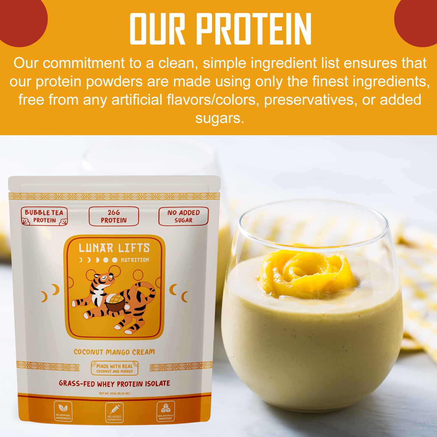 Lunar Lifts Coconut Mango Cream bag on table for quick daily protein