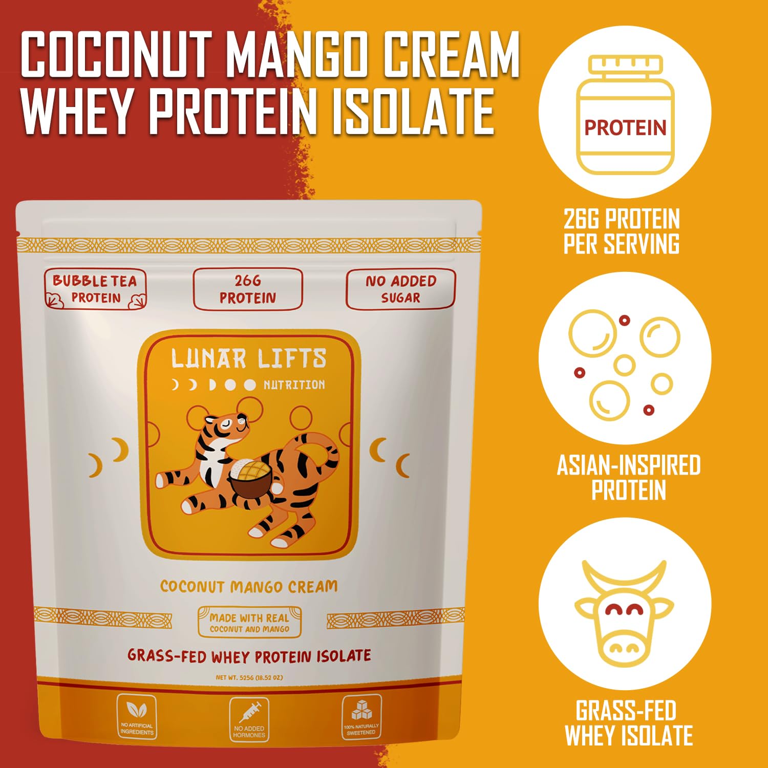 Lunar Lifts Coconut Mango Cream whey scoop ready for post-workout fuel