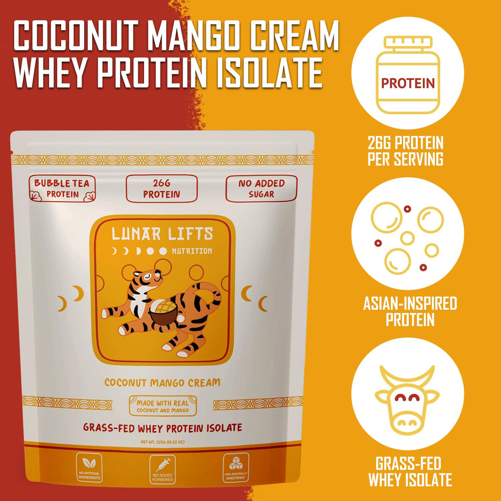 Lunar Lifts Coconut Mango Cream whey scoop ready for post-workout fuel