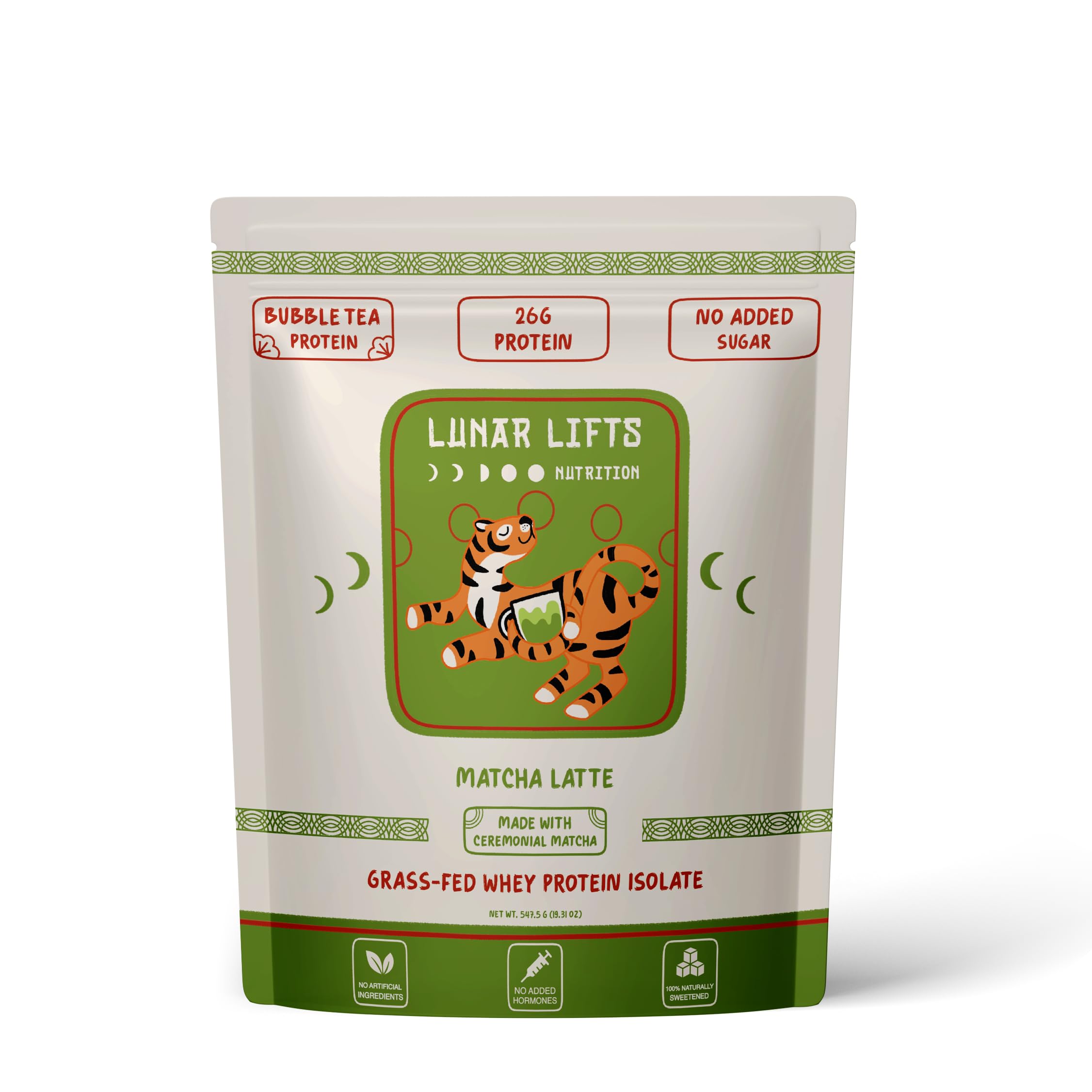 Lunar Lifts Matcha Latte protein powder jar showcasing grass-fed whey isolate for clean protein