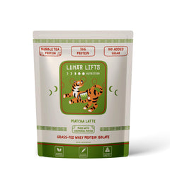Lunar Lifts Matcha Latte protein powder jar showcasing grass-fed whey isolate for clean protein