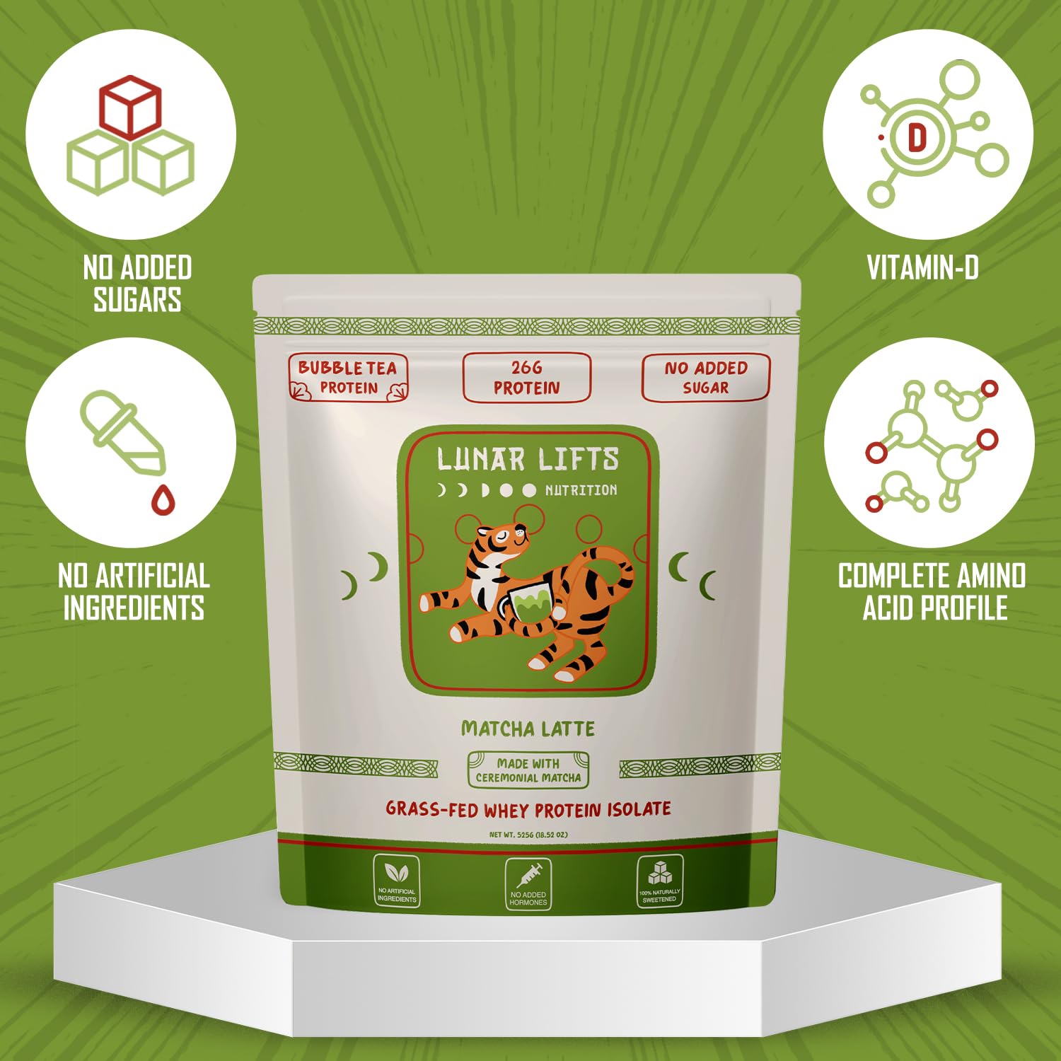 No added sugar label on Lunar Lifts Matcha Latte packaging for sugar-free option