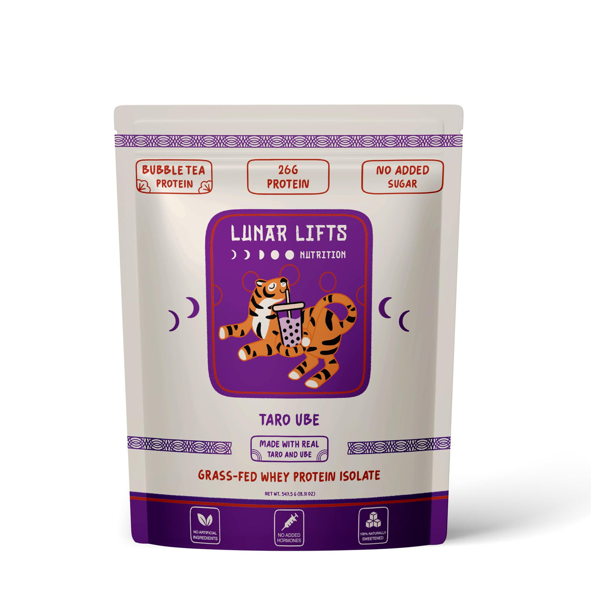 Lunar Lifts Nutrition taro-ube bubble tea powder in a jar for authentic flavor.