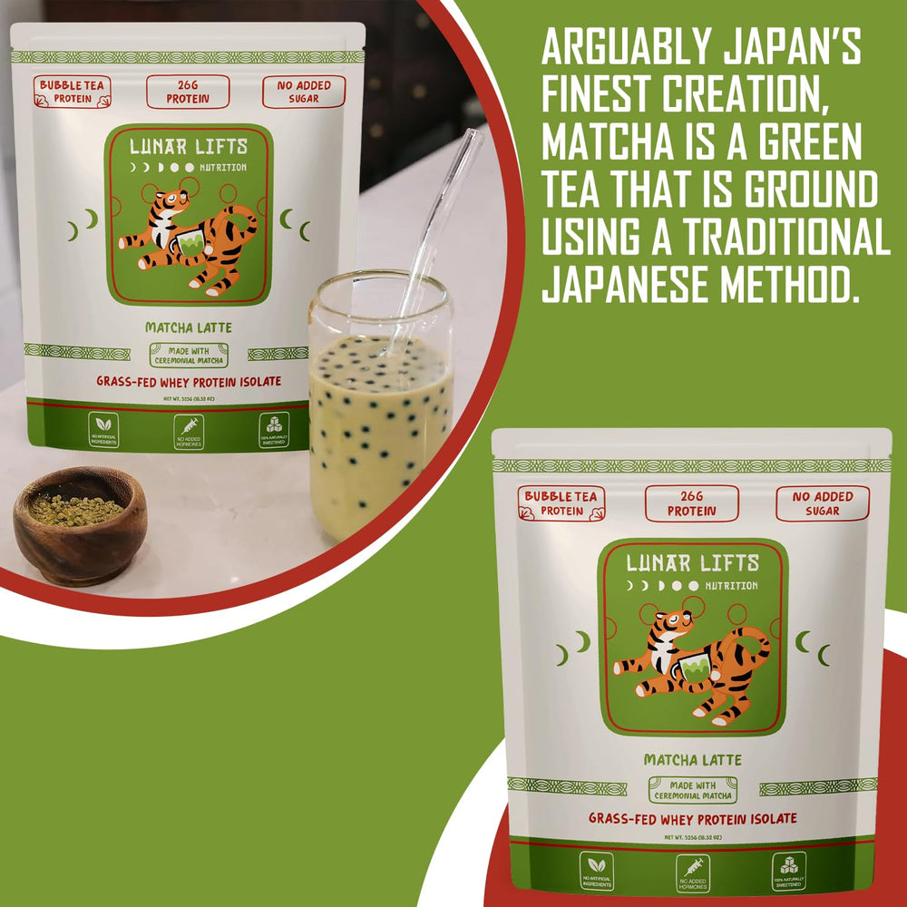 Shaker cup with Lunar Lifts protein shake emphasizing a smooth matcha blend