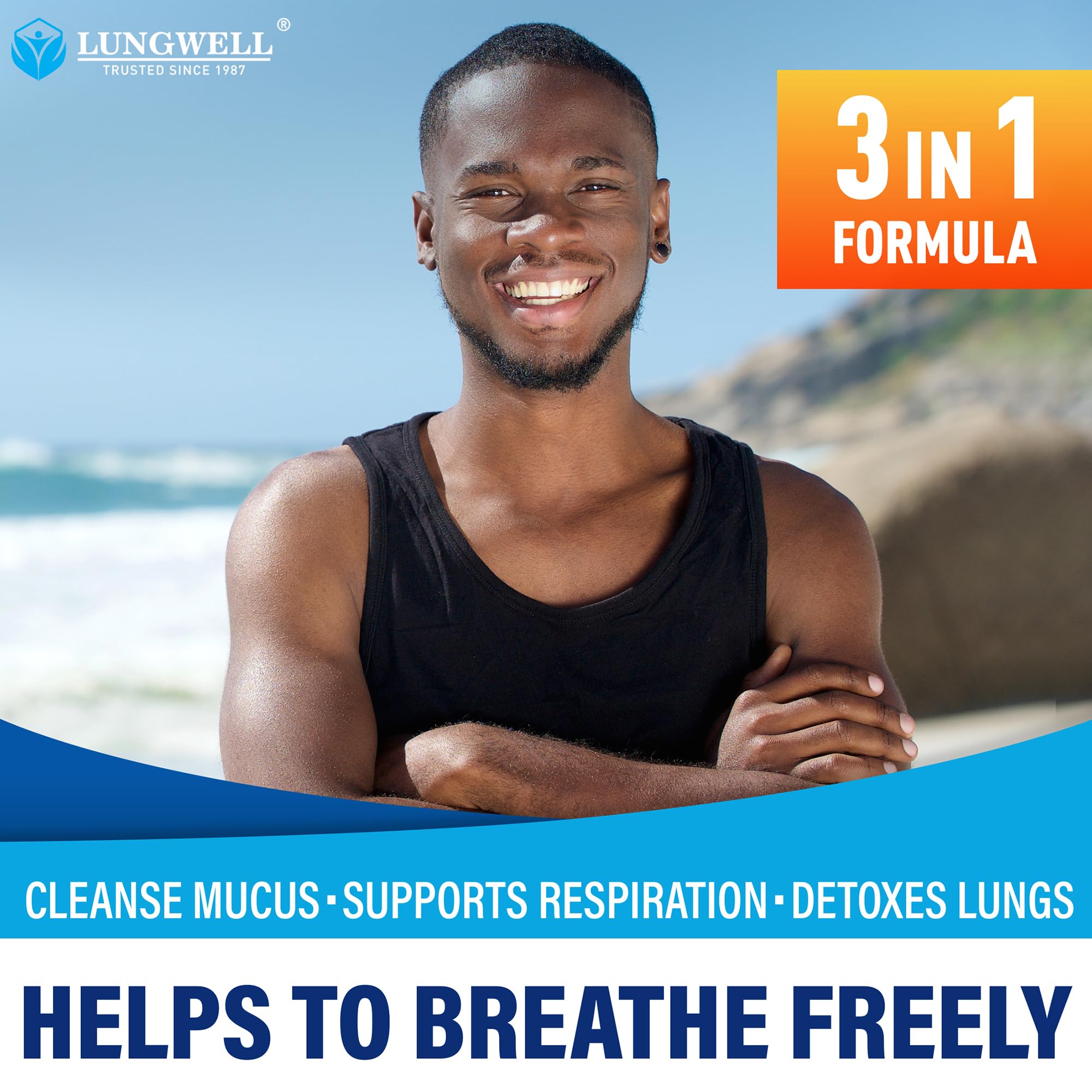 Lungwell-daily-dosage-capsules image suggests vitamin C and D3 benefits.